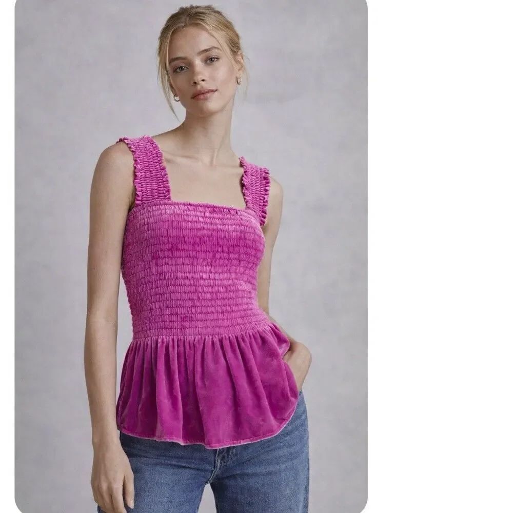 Anthropologie Smocked Velvet Babydoll Tank Top in Pink Size M